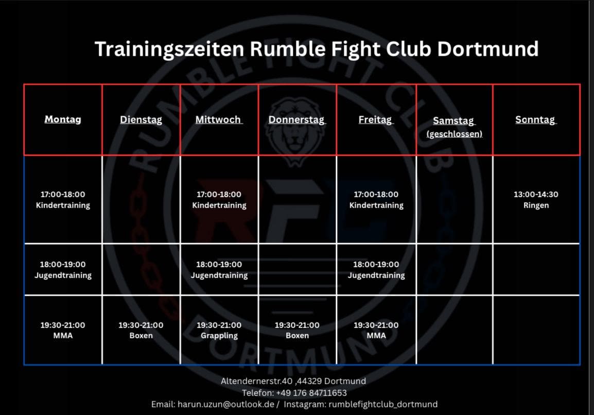 Trainingszeiten Rumble Fight Club Dortmund